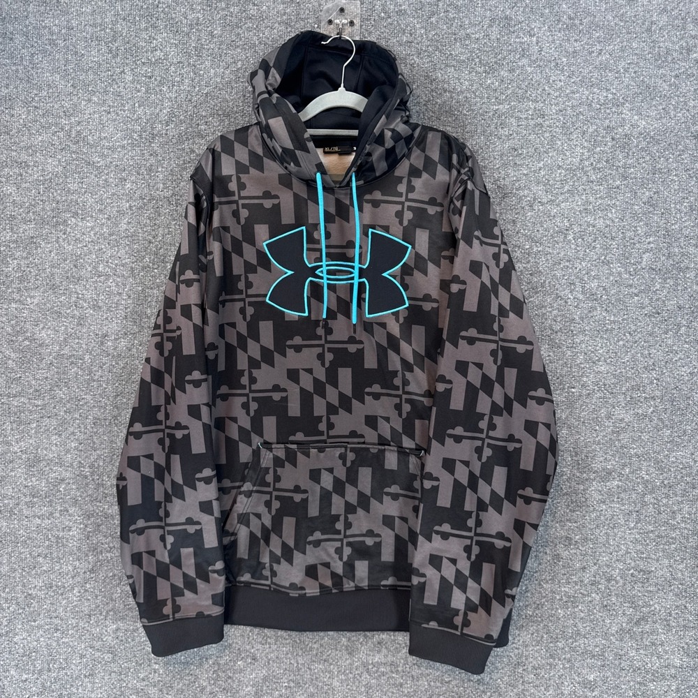 Under Armour Hoodie Men XL Gray Print Big Logo Pullover Sweatshirt Fleece Loose